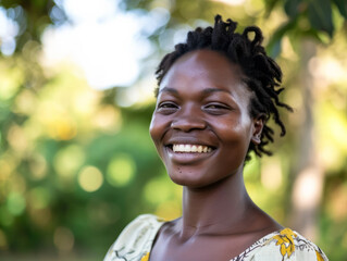 Portrait of a beautiful young African woman smiling in the park.
