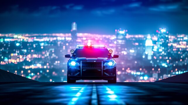 Amidst the dark night sky, a police car's flashing lights illuminate the surrounding land as its wheels race towards the scene, a symbol of protection and authority in the ever-evolving world of auto