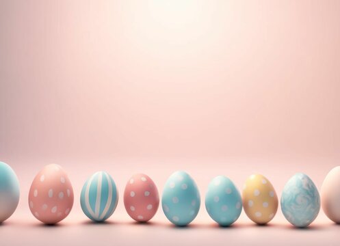 Painted Easter eggs with patterns on a pink background. Eggs in a row. Copy space. Easter concept