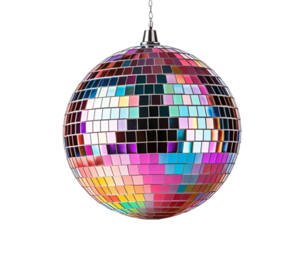 Colorful disco ball isolated on transparent background. Generative AI