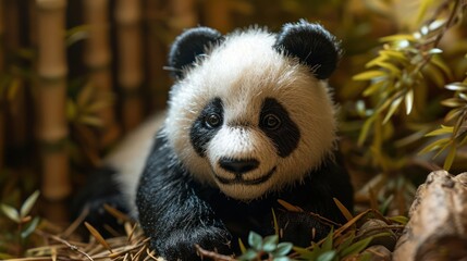 Obraz premium closeup photography Panda doll, capturing its charming black and white fur, arranged in a dollhouse-inspired bamboo forest setting