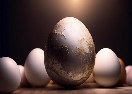 Painted Easter egg among regular eggs on a dark background. Easter concept