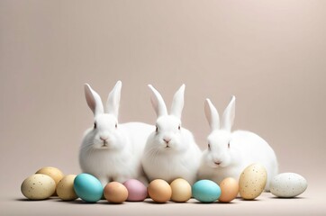 Three white Easter bunnies on a monochrome background among colored eggs. Easter concept 