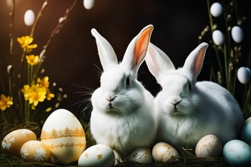 Two white Easter bunnies on monochrome dark background among colored eggs on grass. Easter concept