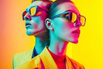 A stylishly illustrated couple donning sunglasses adds a touch of cool and mystery to this abstract artwork