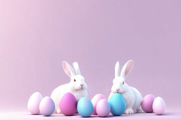 Two white Easter bunnies on monochrome background among eggs