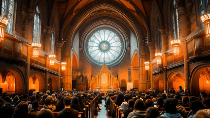 Majestic church interior during a service with a large congregation and an ornate stained glass window.