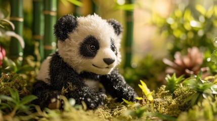 closeup photography Panda doll, capturing its charming black and white fur, arranged in a...