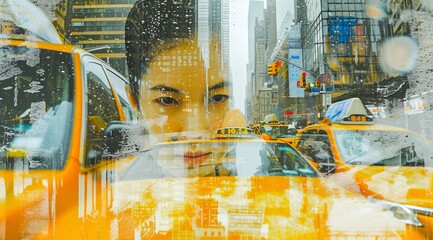 A mesmerizing abstract portrayal of a woman lost in thought, captivated by the vibrant strokes of a taxi in the midst of a bustling street painted with raw emotion and skillful artistry