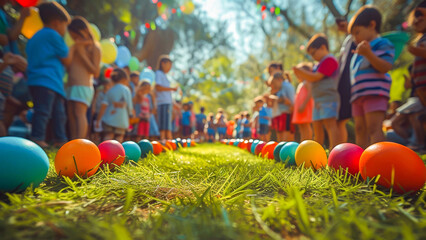A vibrant outdoor scene of children playing at a party, with a colorful line of balloons on the grass.