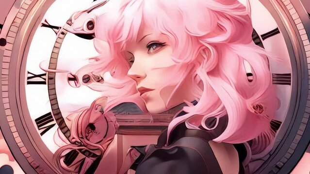 A young girl with pink hairs at vintage big clok background.