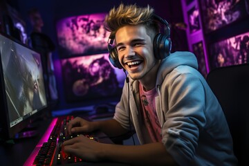 Fototapeta na wymiar Professional gamer young man, cyber gamer studio room with personal computer.
