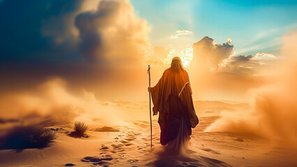 A lone mage wanders through a mystical desert at sunset with a staff in hand, embarking on an epic fantasy adventure.