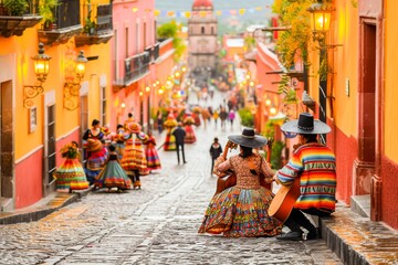Traditional Mexican musicians sitting on a colorful street with dancers and vibrant decorations in...