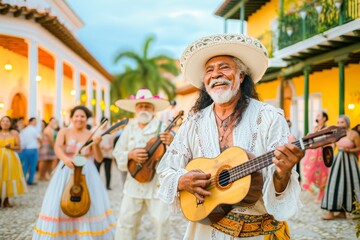 Joyful senior Mexican mariachi playing guitar in a traditional outfit with a band on a vibrant...