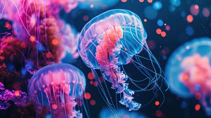 Jelly fish in the water, jelly fish in the sea, colorful light jellyfish with bokeh light, conservation of aquatic animals, colorful background cover - Powered by Adobe