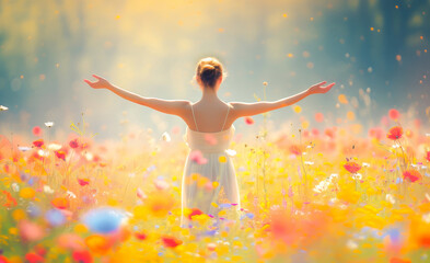 A serene image of a woman with arms outstretched, standing amidst a vibrant field of flowers, radiating a sense of freedom and joy.