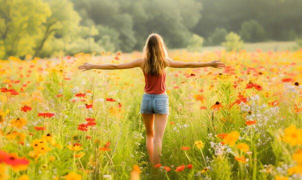 Young woman standing with arms outstretched in a colorful field of flowers, feeling free and happy in nature.