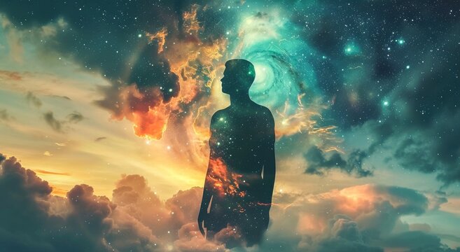 A solitary figure gazes into the infinite expanse of the night sky, surrounded by wispy clouds and illuminated by twinkling stars, lost in contemplation of the boundless beauty of the universe
