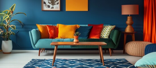 Photo of a retro lampshade above a wooden coffee table on a navy blue rug in a colorful living room with couch pillows.