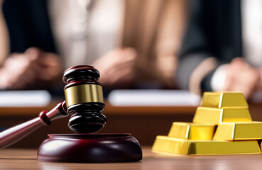 Mallet of judge with Golden bars. Judge hammer and Golden bar in courtroom. Justice in courthouse. Judges and punishment. Gold Sale, Sold on auction. Violation of law, Trial Process in courtroom.