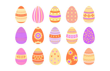 Colorful festive Easter eggs. Holiday decorative eggs. Doodles and icons. Festive egg's ornament. Spring holidays. Modern bold vibrant colors.