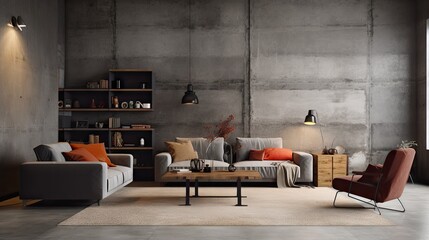 Industrial and loft living room interior with concrete wall and modern furniture and accessories.