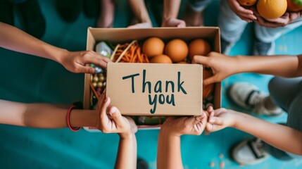 Volunteers expressing gratitude with a  thank you  message held over a box full of donated groceries - obrazy, fototapety, plakaty