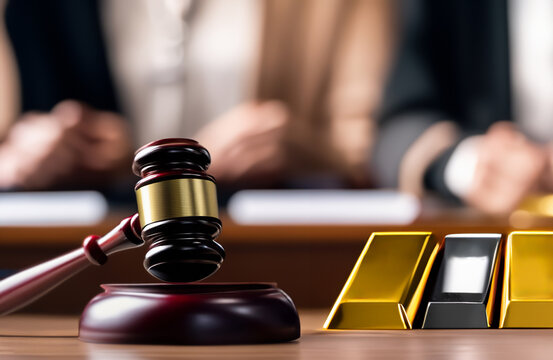 Mallet of judge with Golden bars. Judge hammer and Golden bar in courtroom. Justice in courthouse. Judges and punishment. Gold Sale, Sold on auction. Violation of law, Trial Process in courtroom.