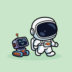 vector cute astronaut walking with space robot
