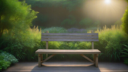 Rustic Wooden Bench Tranquility in Vibrant Garden - Generative AI