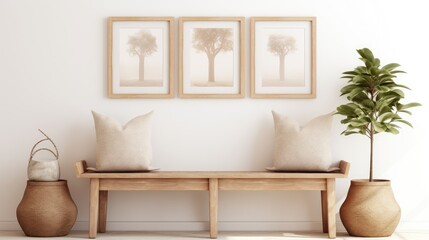 Scandinavian style a mock up interior poster with wooden frames, bench, basket, and home accessories on a white wall background.