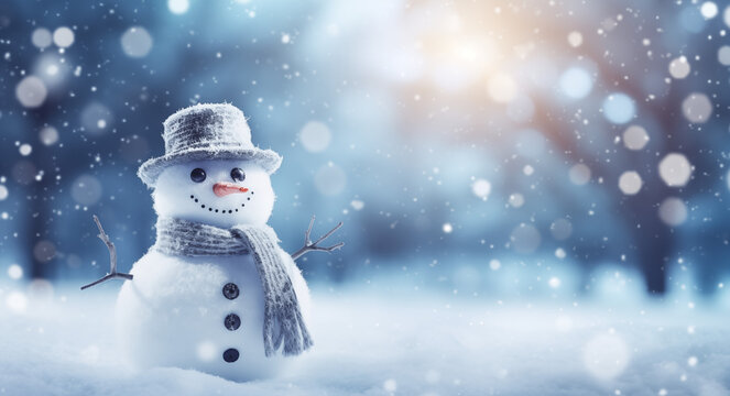 Photorealistic Background with a Snowman in a Scarf, Evoking a Magical and Enchanting Winter Scene, Perfect for Holiday Greetings, Seasonal Cards, and Festive Decorations