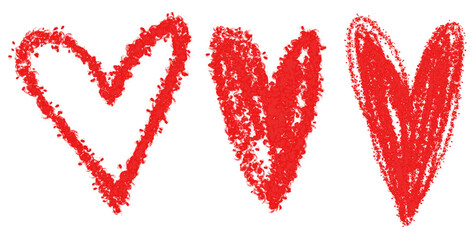 Chalk-Drawing Like Red Hearts. No Background. Valentine's Day Print. Hand Drawn Hearts of Irregular Shape. Simple Abstract Love Symbol Made of Chalk. No text. 