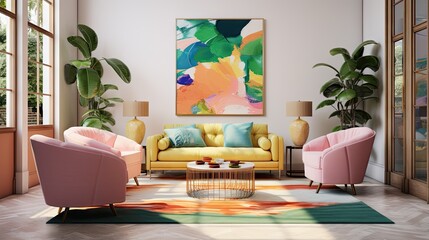 a vibrant living room with a green armchair, colorful painting, and a waiting area designed for social distancing and the new norm.