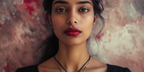 Indian Woman in Creative Dreamlike Nostalgic Pink, Brown, Cream Background - Direct Gaze with Makeup defined Eyebrows and Red Lipstick - Dark Hair and Black Dress created with Generative AI Technology