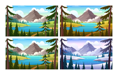 Mountain lake landscape in different seasons. Vector horizontal illustration of spring, summer, fall, winter nature with field, lake, river, forest, pine trees, mountains. Hills and valley panorama