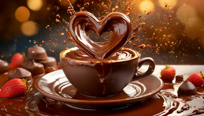 Close-up of a chocolate heart sinking with splashes into a brown mug full of hot chocolate, hot...