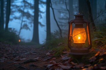 Old-fashioned lantern, casting a warm glow, on a misty forest path. - obrazy, fototapety, plakaty