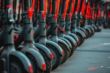 Eco-Friendly Commute: A Row of Electric Scooters Available for Rent.