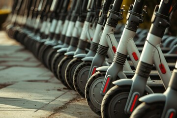 Fototapeta premium Eco-Friendly Commute: A Row of Electric Scooters Available for Rent.