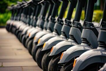 Fototapeta premium Eco-Friendly Commute: A Row of Electric Scooters Available for Rent.