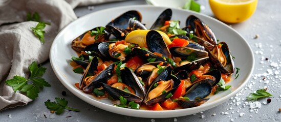 Mussels and veggies sauteed in lemon juice, served on a white plate on a grey table with a napkin.