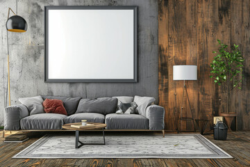 Living Room With Gray Couch and Wooden Walls, Cozy and Natural Interior Design
