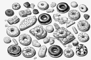 Sketch of donuts. Pastry sweets isolated on white background. Hand drawn illustration. Generative Ai