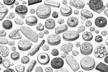Sketch of donuts. Pastry sweets isolated on white background. Hand drawn illustration. Generative Ai