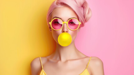 Beautiful woman in yellow sunglasses with pink lenses blowing yellow bubble gum against a background of pink and yellow flowers. - obrazy, fototapety, plakaty