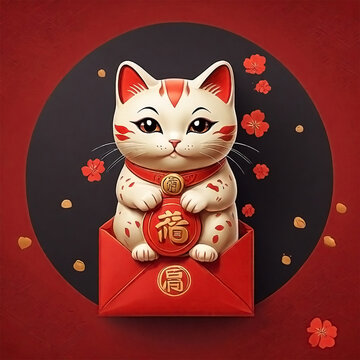 Chinese lucky cat in red lucky envelope illustration render animated