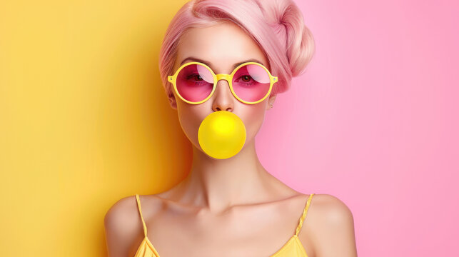 Beautiful woman in yellow sunglasses with pink lenses blowing yellow bubble gum against a background of pink and yellow flowers.