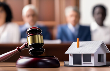 Justice in courthouse. Real Estate Purchase and Sale Transaction Litigation. Sale of Real Property. Lawyer in courtroom. House Sale. Mallet of judge in courtroom. Tax when selling a home and building